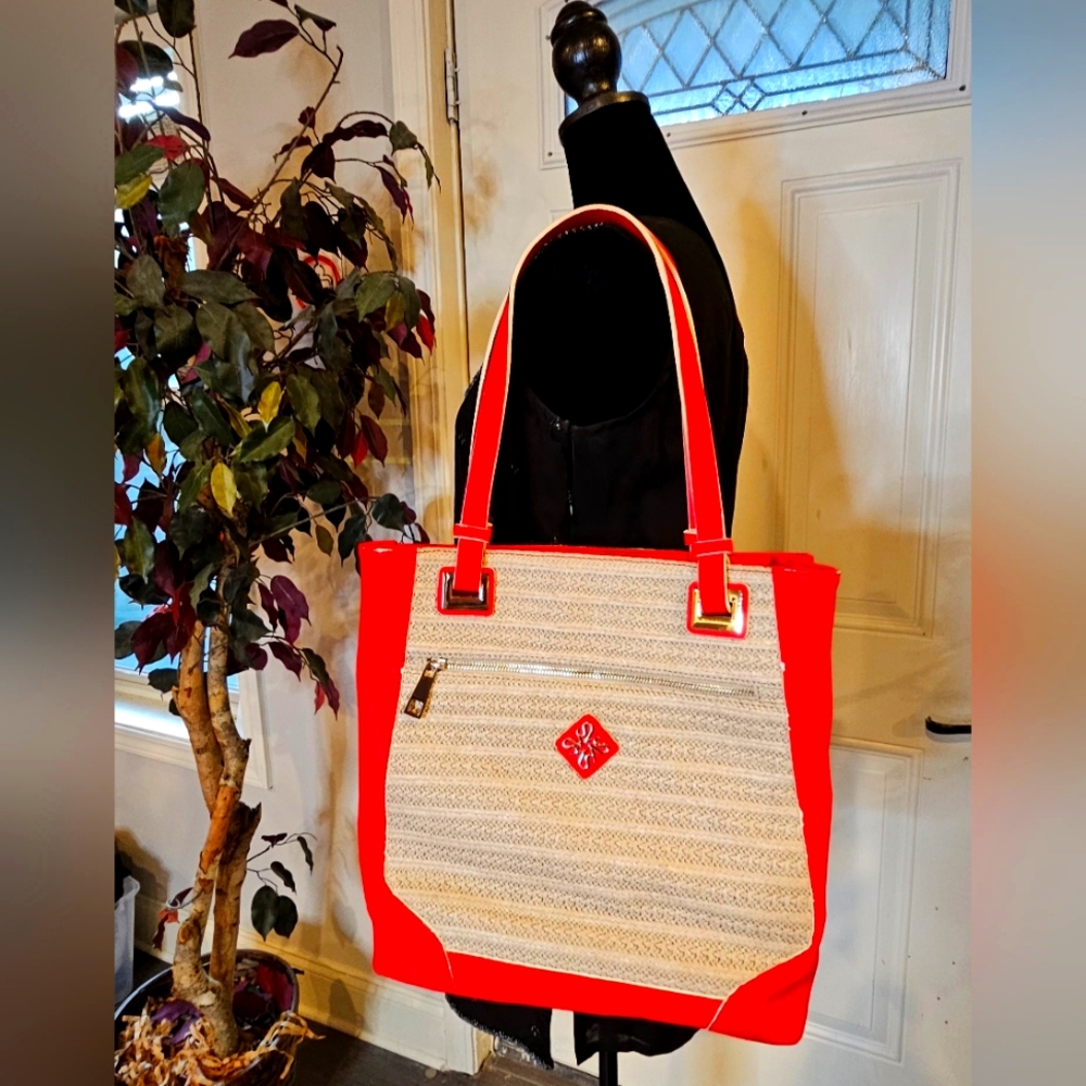 Simply Vera Vera Wang Red & Straw Woven Tote Bag Shoulder Handbag